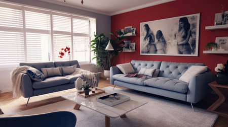 Stylish modern living room interior design with dark blue wall and a carpet on the wooden floor. Generative AI AIG27.の素材