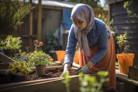 Female Middle Eastern middle aged gardening in backyard plants grass. Generative AI AIG23.の素材