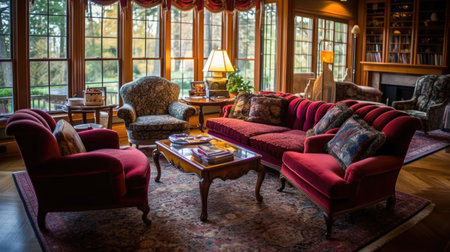 Living room decor, home interior design . Traditional Classic style with Fireplace decorated with Velvet and Wood material . Generative AI AIG26.の素材