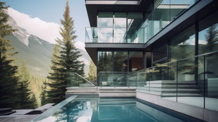 Home architecture design in Contemporary Style with Glass curtain walls constructed by Steel and Glass material. Minimalist Modern design. Generative AI AIG25 .の素材