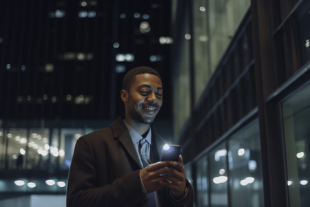 Wide angle shot of a young african-american businessman executive using mobile phone with background of modern office buildings at night. Generative AI AIG18.の素材