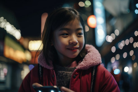 Low angle shot of a young chinese japanese 10-year-old little girl trendy clothes using mobile phone with background of urban city street at night. Generative AI AIG18.の素材