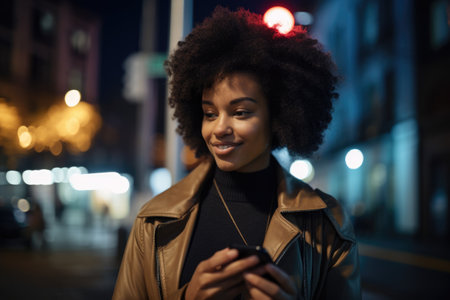 Low angle shot of a young african-american woman trendy clothes using mobile phone with background of urban city street at night. Generative AI AIG18.の素材