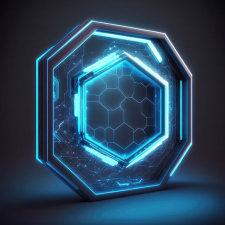 Abstract of glowing scifi futuristic hexagon in HUD head-up cyber concept. Background futuristic innovation of blue neon in darkness gaming. Finest generative AI.の素材