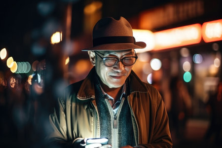 Wide angle shot of a senior chinese japanese man trendy clothes using mobile phone with background of urban city street at night. Generative AI AIG18.の素材