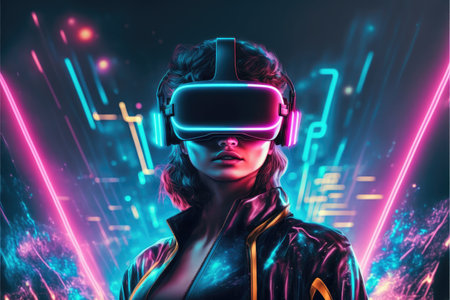 A young woman in VR glasses playing video games with virtual reality headset. Concept of gaming in cyberpunk lifestyles. Finest generative AI.の素材