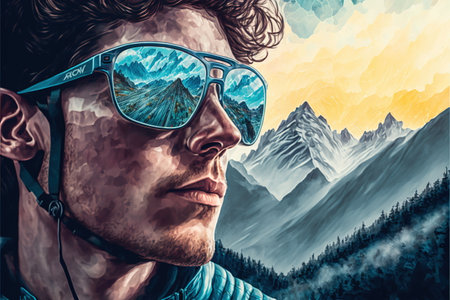 Young male cyclist portrait wearing sunglasses with wondrous reflection of the natural environment of mountain landscape and beautiful sky, Fitness and extreme sport in the peak concept Generative AI.の素材