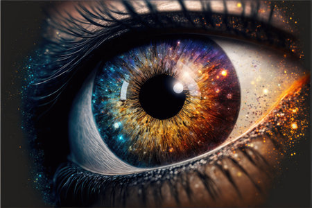 Closeup of macro galaxy in glowing sharp eyesight vision. Concept of outer space in human eye. Finest generative AI.の素材