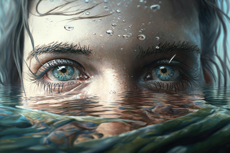 Close up woman eyes at the water surface. superlative generative AI image.の素材
