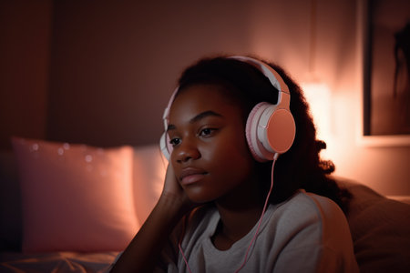 Female African teenager listening to music headphones bedroom. Generative AI AIG23.の素材