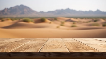 The empty wooden brown table top with blur background of desert dune mountain. Exuberant image.の写真素材