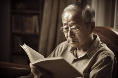 Female Asian elderly reading books in living room casual relaxing. Generative AI AIG23.の素材