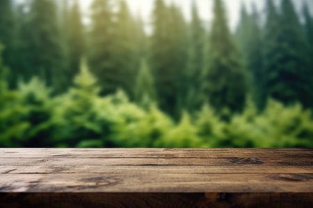 The empty wooden table top with blur background of boreal forest. Exuberant image.の写真素材