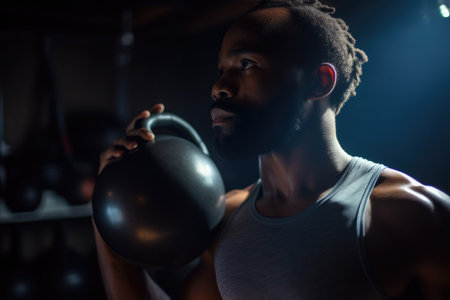 Male African American adult exercising with weights healthy. Generative AI AIG23.の素材