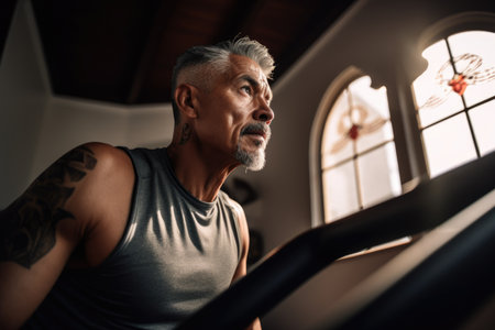 Male Hispanic 50s working out at home gym athletic exercise. Generative AI AIG23.の素材
