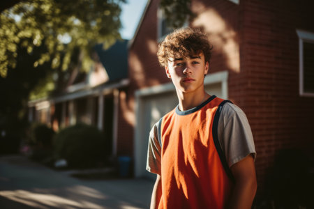 Male Caucasian teenager playing basketball driveway activity. Generative AI AIG23.の素材