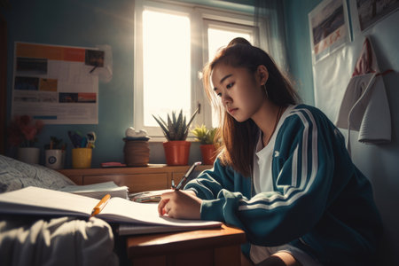 Female Asian teenager doing homework in bedroom studying smart. Generative AI AIG23.の素材