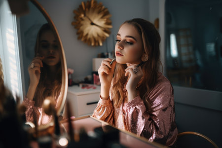 Female Caucasian teenager doing makeup in bedroom glamor. Generative AI AIG23.の素材