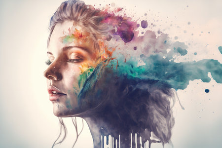 Woman with vivid watercolor explosion on her head as symbol for inner stress and negative though for intense splashing emotion mental health in modern abstract art design. Superb Generative AI.の素材