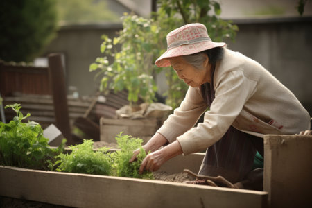 Female Asian elderly gardening in backyard plants grass. Generative AI AIG23.の素材