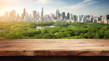 The empty wooden table top with blur background of city park skyline. Exuberant image.の写真素材