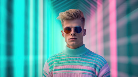 Young male model posing with trendy man fashion outfit and colorful pastel mood optical art abstract background. Picturesque generative AIの素材