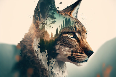 Beautiful lynx design with double exposure background of wilderness and nature landscape as concept of the natural adventure and majestic wildlife animal. Superb Generative AI.の素材