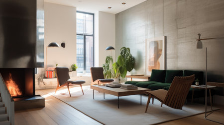 A modern loft large window living room interior design decorated with fireplace and potted plants. Generative AI AIG27.の素材