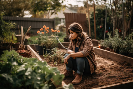 Female Hispanic middle aged gardening in backyard plants. Generative AI AIG23.の素材