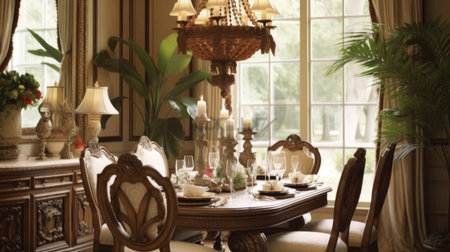 Interior design inspiration of Traditional Classic style home dining room loveliness decorated with Wood and Marble material and Window .Generative AI home interior design .の素材