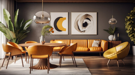 Interior design inspiration of Mid-Century Modern Retro style home dining room loveliness decorated with Wood and Leather material and Statement artwork .Generative AI home interior design .の素材