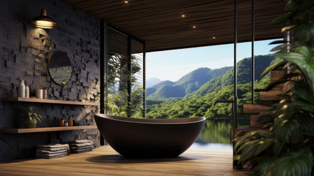 The interior design of wooden and pebbles bathroom style in dark tone color with the tropical mountain view. Generative AI image AIG30.の素材
