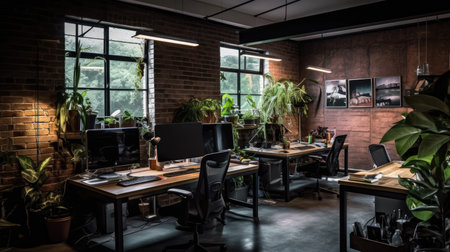Inspiring office interior design Industrial style Office featuring Exposed bricks architecture. Generative AI AIG 31.の素材