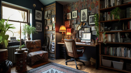Inspiring office interior design Eclectic style Study Room featuring Mix of patterns architecture. Generative AI AIG 31.の素材
