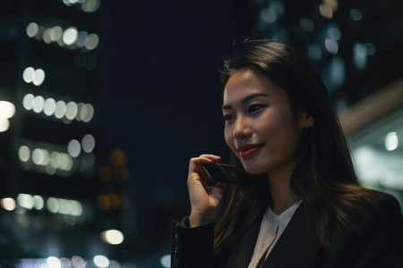 a young chinese japanese businesswoman executive using mobile phone with background of modern office buildings at night Generative AI AIG18.の素材