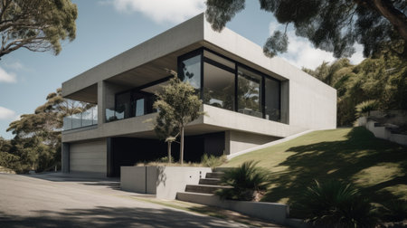 Home architecture design in Contemporary Style with Glass facade constructed by Concrete and Glass material. Contemporary architecture style. Generative AI AIG25 .の素材