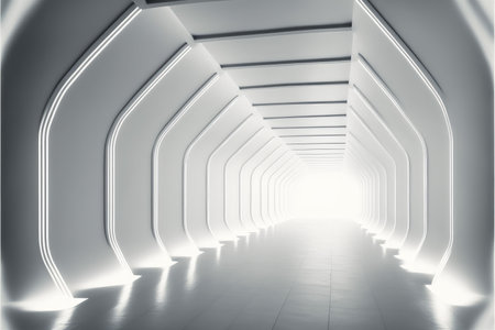 Abstract of futuristic scifi tunnel corridor with white light background. Concept of modern interior spaceship design. Finest generative AI.の素材