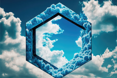 Frame made with white cloud in the sky in hexagon shape. Concept of fantasy luxurious window. Finest generative AI.の素材