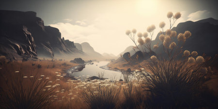 Wilderness landscape of arid mountain and blossoming flowers in spring season. superlative generative AI image.の素材