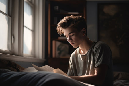 Male Caucasian teenager reading books in bedroom casual relaxing pastel. Generative AI AIG23.の素材