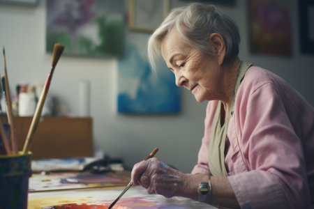 Female Caucasian senior painting art studio artist apron picture drawing. Generative AI AIG23.の素材