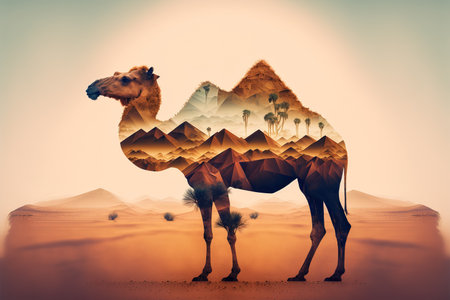 Camel abstract artwork in double exposure of sahara desert, animal art with sand landscape as dromedary with nature background concept. Superb Generative AI.の素材