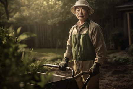 Male Asian senior gardening in backyard plants earthly. Generative AI AIG23.の素材