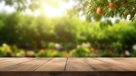 The empty wooden table top with blur background of garden. Generative AI AIG30.の素材