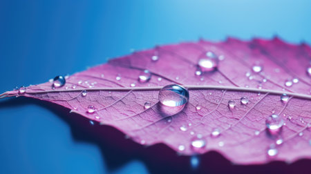 The close-up of transparent skeleton leaf with water drops on beautiful texture in a blue and pink background. Generative AI image AIG30.の素材