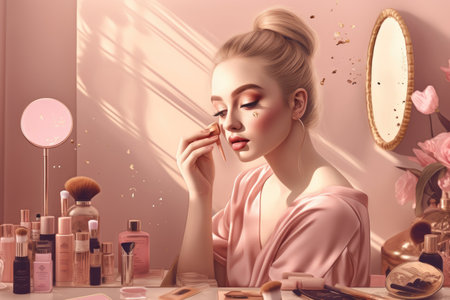 Female Caucasian teenager doing makeup in bedroom glamor. Generative AI AIG23.の素材