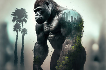Male gorilla with powerful shoulder and strength with calmly look, large monkey in double exposure with jungle of africa as concept of animal art. Superb Generative AI.の素材