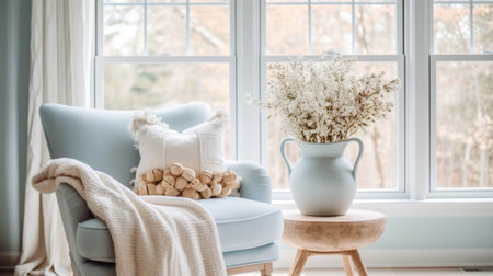 Living room decor, home interior design . Coastal Bohemian style with Bay Window decorated with Rattan and Linen material . Generative AI AIG26.の素材