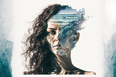 Double exposure image woman portrait with peaceful ocean sea wave, natural background for state of calm mind and psychological concept. Meditative and healthy mental abstract art. Superb Generative AIの素材