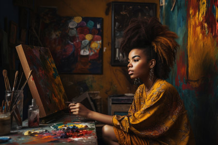 Female African teenager painting art studio artist apron picture drawing. Generative AI AIG23.の素材